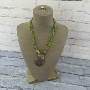 Green glass sea beads and abalone shell necklace